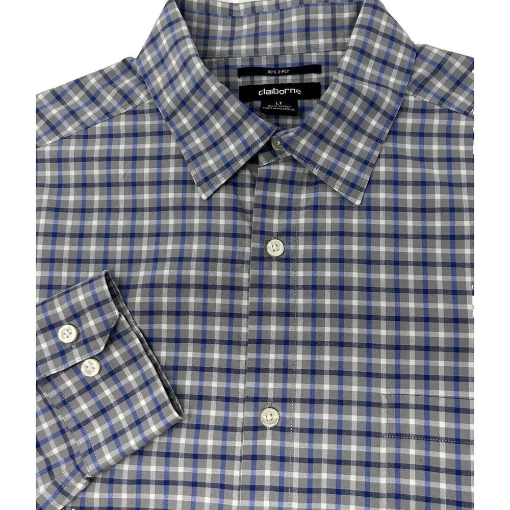 Claiborne Blue White Check Button Up Long Sleeve Shirt Men’s LT‎
